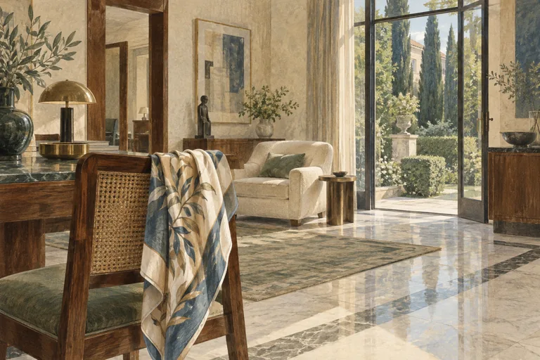 Editorial illustration of an imagined 1930s Milan sitting room with walnut furniture, a patterned scarf and glass doors overlooking a garden.