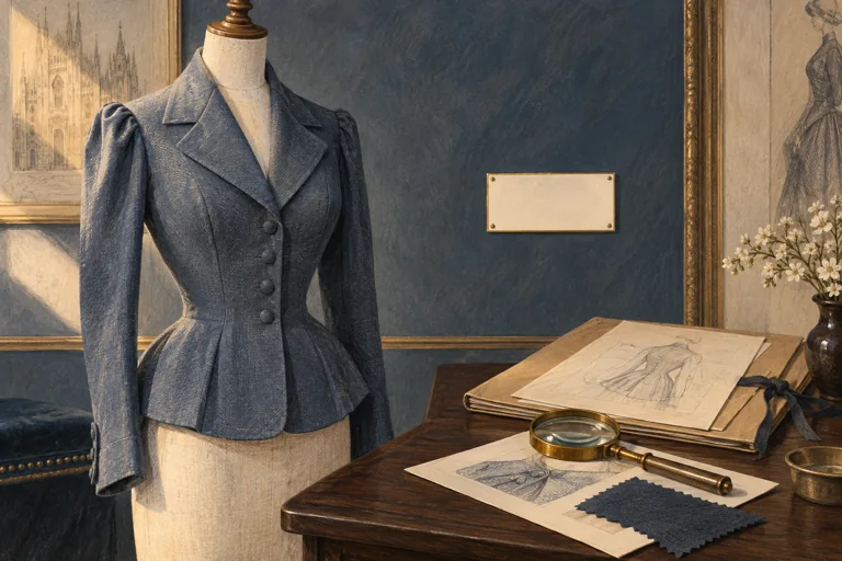 Editorial illustration of an imagined blue-grey jacket on a dress form beside a blank museum label, an archival folder and a magnifying glass.