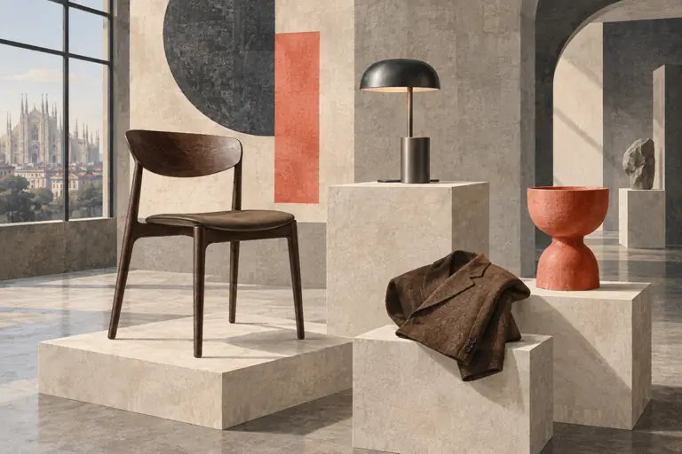 Conceptual editorial still life of an unbranded chair, lamp, folded jacket and vessel on plinths in an imagined design gallery.