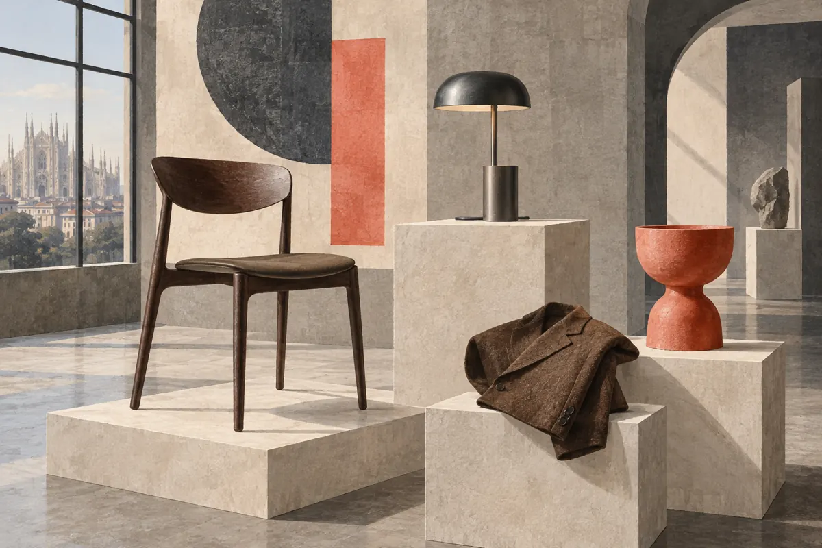 Conceptual editorial still life of an unbranded chair, lamp, folded jacket and vessel on plinths in an imagined design gallery.