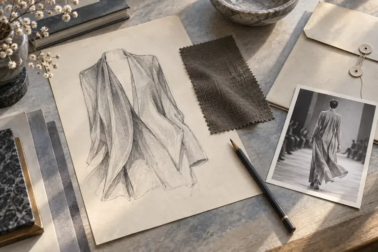 Imagined editorial research desk with an original generic coat sketch, fabric swatch and fictional monochrome fashion image, not an authentic archive document.