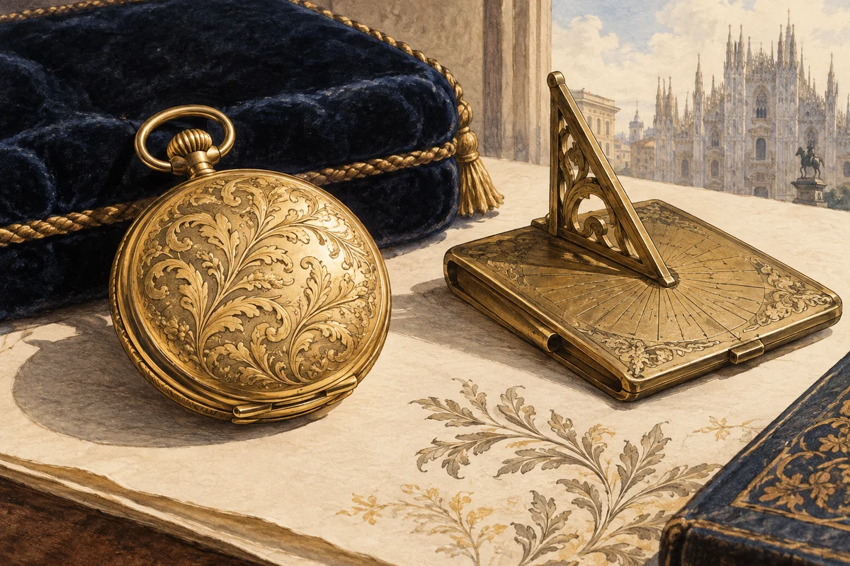 Editorial still life of an imagined engraved pocket-watch case and portable sundial with dark velvet and a drawing of Milan Cathedral.