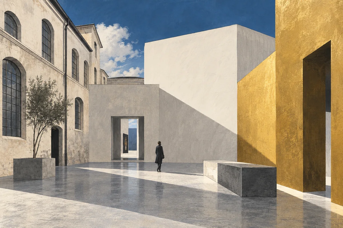 Editorial architectural illustration of old industrial walls, pale contemporary volumes and a gold-colored surface around an imagined courtyard.