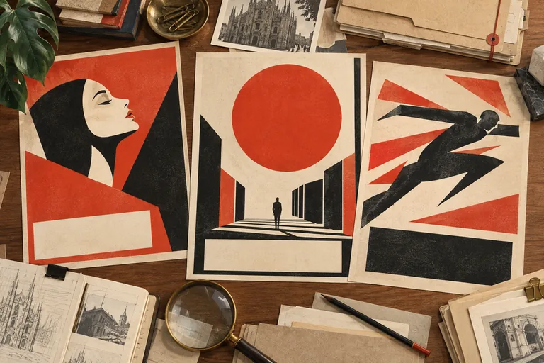 Editorial illustration of imagined unbranded geometric advertising studies in vermilion, cream and black, arranged with archive folders and a magnifying glass.