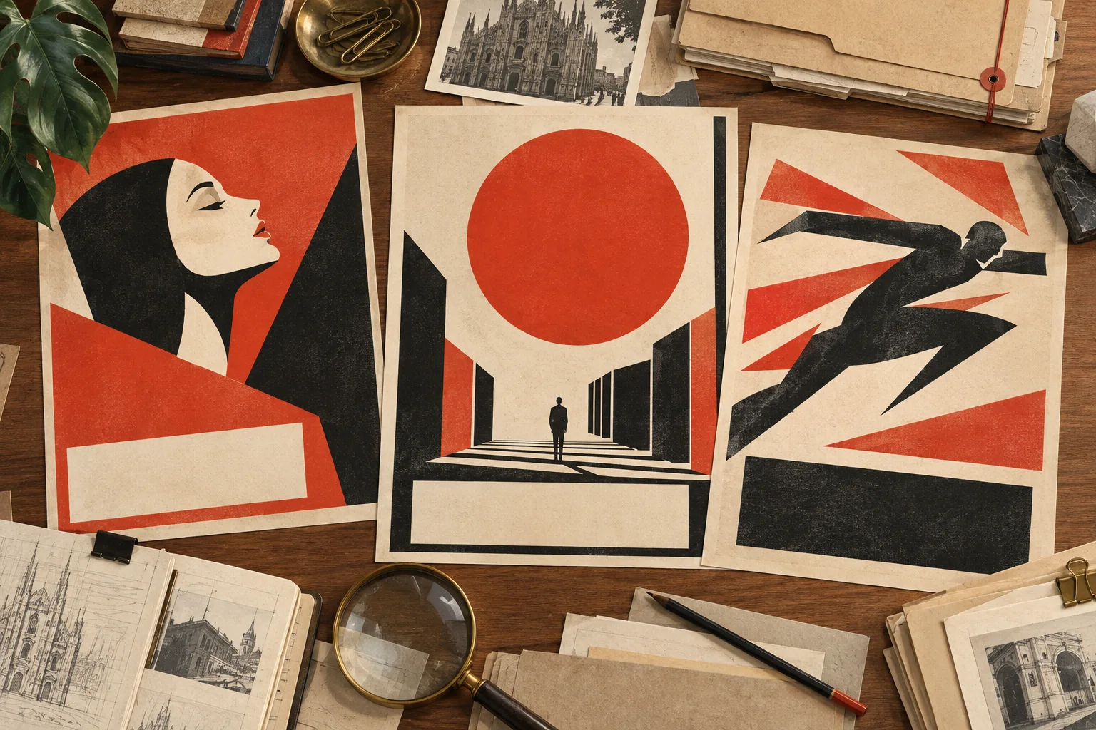 Editorial illustration of imagined unbranded geometric advertising studies in vermilion, cream and black, arranged with archive folders and a magnifying glass.