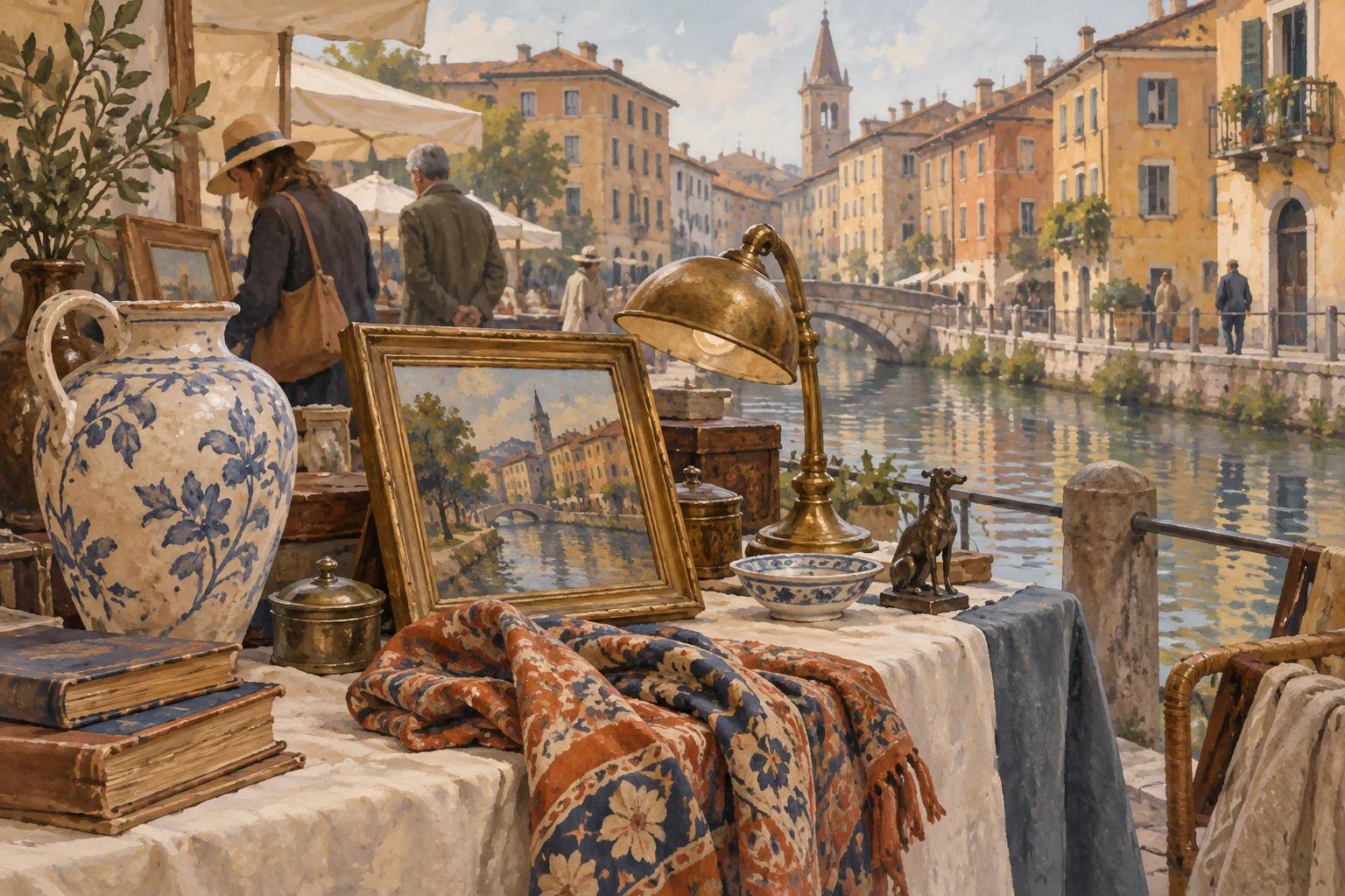 Painterly editorial illustration of an imagined canal-side antiques stall with a ceramic jug, framed landscape, folded scarf and brass lamp in Milan.