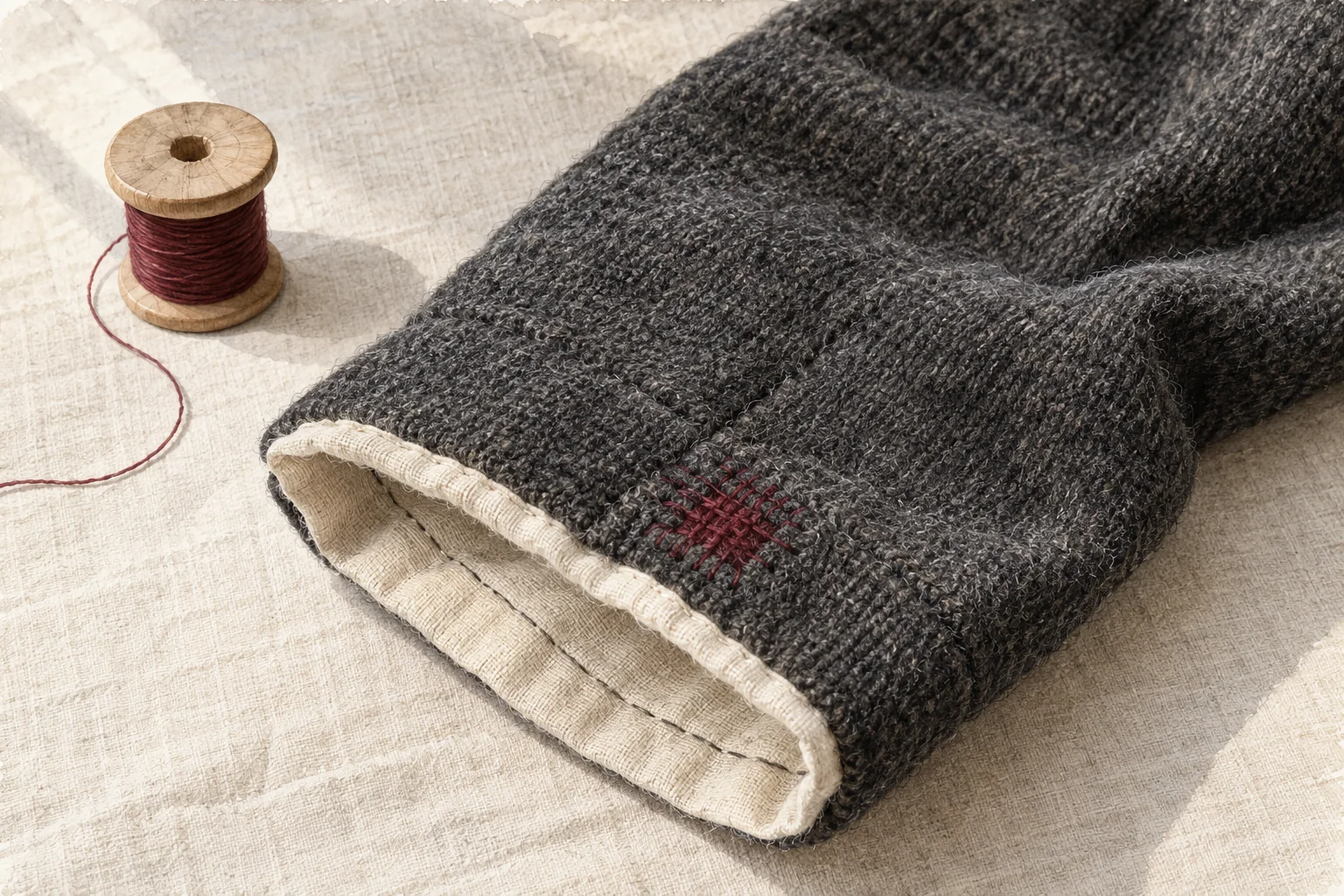 Editorial watercolor and pencil illustration of a charcoal sleeve with a burgundy darn and pale lining beside a wooden spool; an imagined garment detail, not a museum artifact.