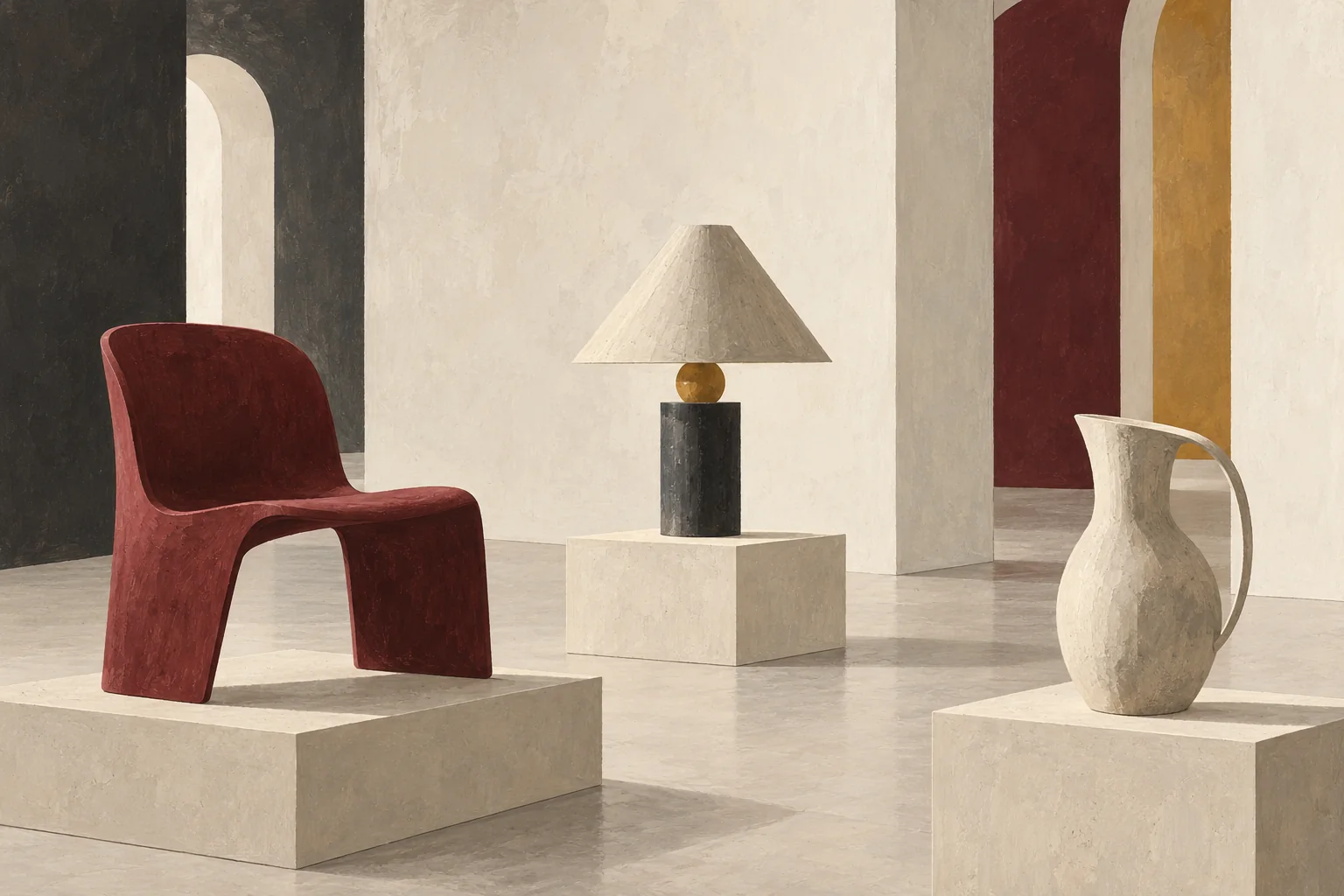 Editorial gouache illustration of a generic chair, lamp and jug on low museum plinths; an imagined design display, not a view of the Triennale collection.