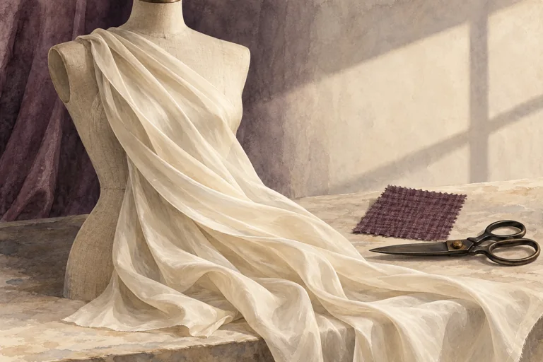 Conceptual editorial watercolor of cream cloth draped diagonally over a dressmaker form beside a woven sample, not a historical Vionnet reconstruction.