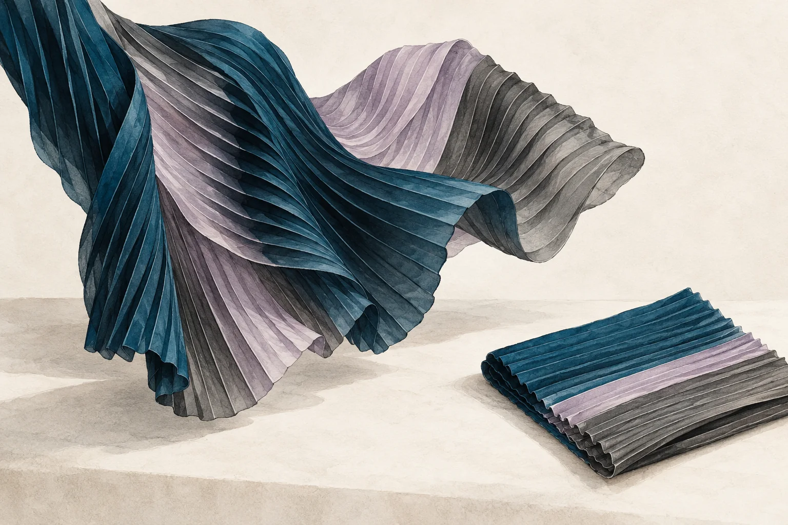 Conceptual editorial watercolor of blue and lilac pleated fabric in motion beside a folded sample, not a particular designer garment.