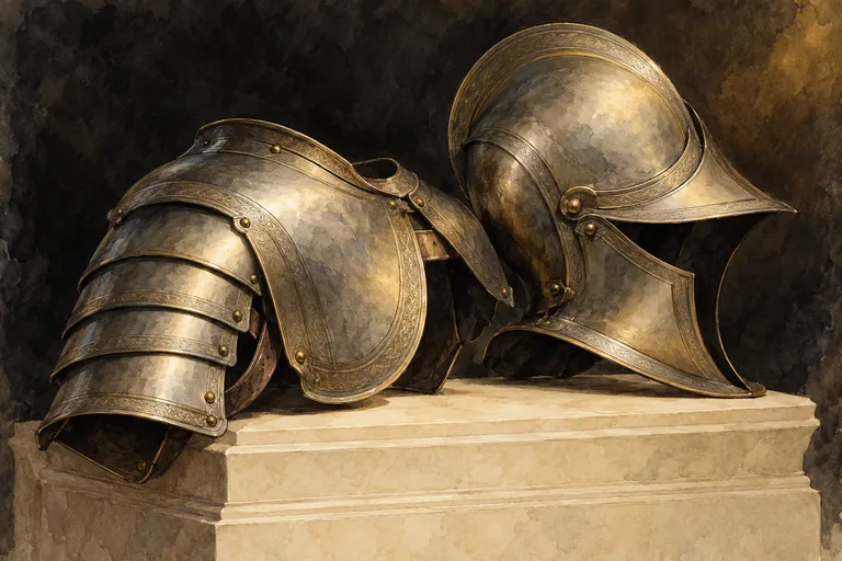 Editorial watercolor of an imagined articulated steel shoulder defence and helmet, not a Poldi Pezzoli object or historical reconstruction.