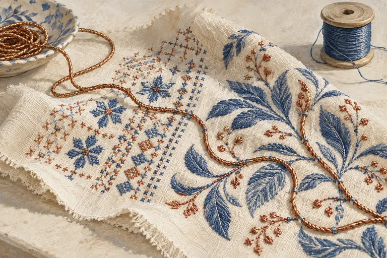 Editorial gouache of an imagined blue-and-copper embroidered cloth sample and thread, not an actual historic textile or product photograph.