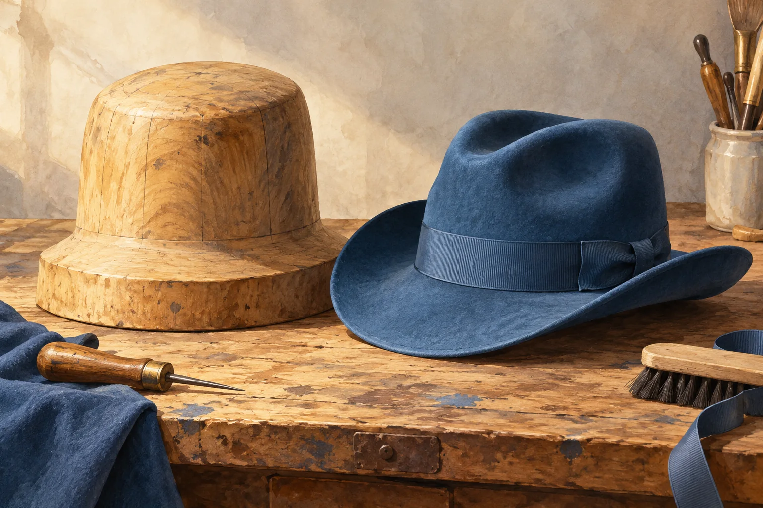 Editorial gouache of an imagined wooden hat block and blue felt hat on a workbench, not a real designer piece or workshop photograph.