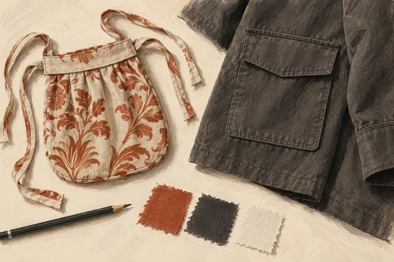 Editorial watercolor of imagined detachable and jacket pockets with cloth swatches, not actual historic garments or a factual reconstruction.