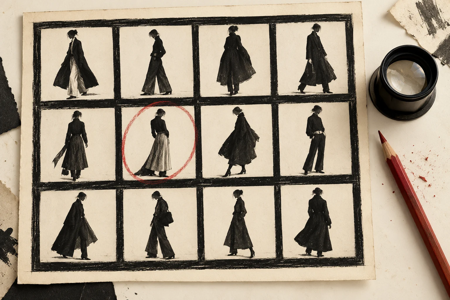 Editorial ink collage of a fictional twelve-frame fashion contact sheet, one red-circled silhouette, a loupe and pencil; no actual photographs or identifiable model.