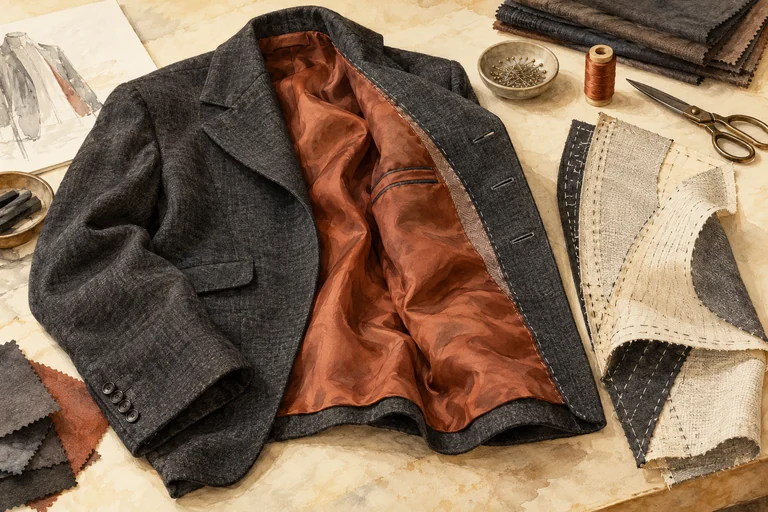 Editorial watercolor of an imagined charcoal jacket opened to show russet lining and separate pale support fabric; not a branded garment or historical reconstruction.