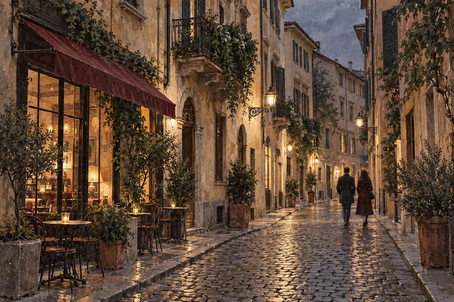 Warm evening light along a quiet Milan street with café tables