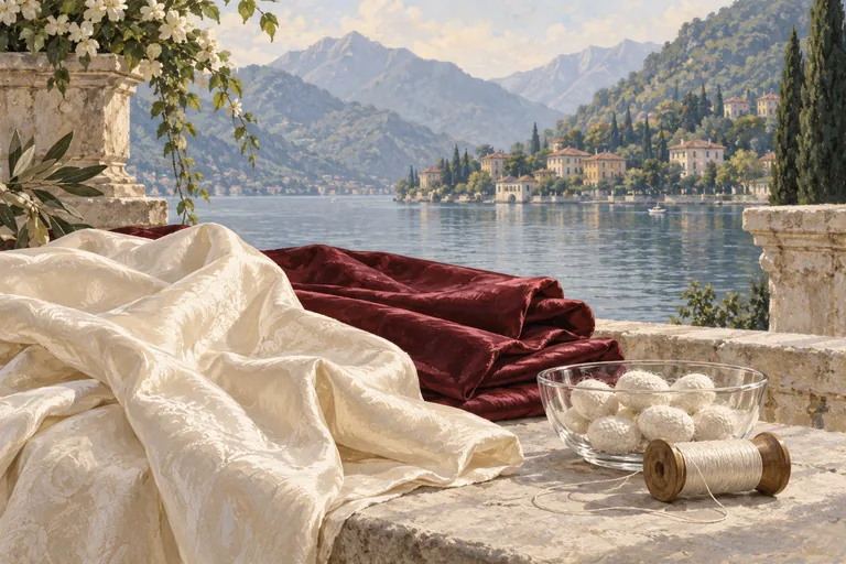 Illustration of ivory and burgundy textiles, silk cocoons and a spool beside Lake Como.