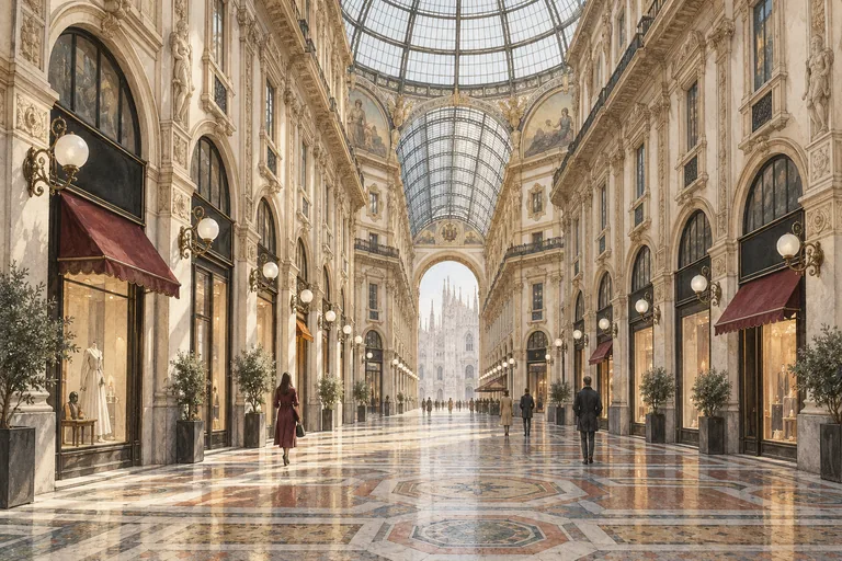 Architectural illustration of a glass-roofed Milan shopping arcade with pale stone facades and patterned flooring.