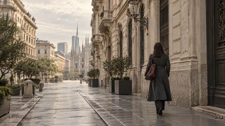 Editorial illustration of a charcoal-coated figure on a Milan-inspired street of pale stone buildings.