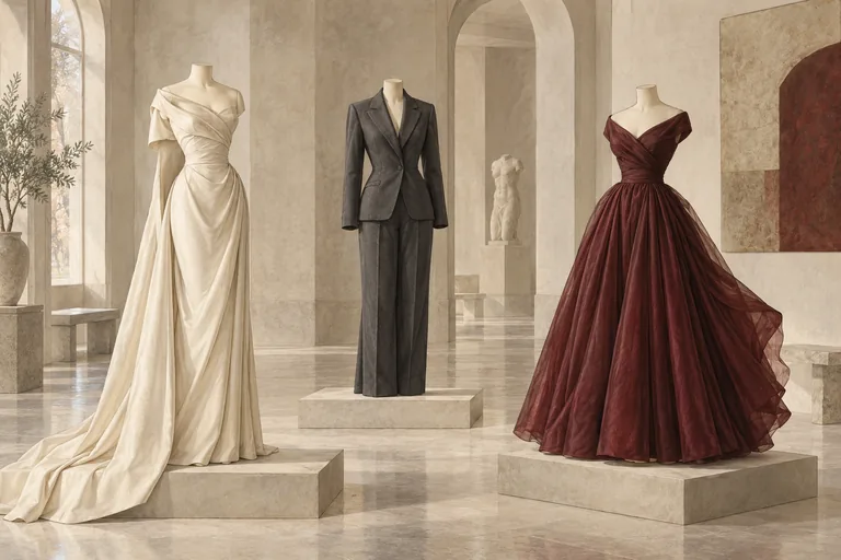 Illustration of an ivory dress, charcoal suit and burgundy gown on mannequins in an imagined museum gallery.