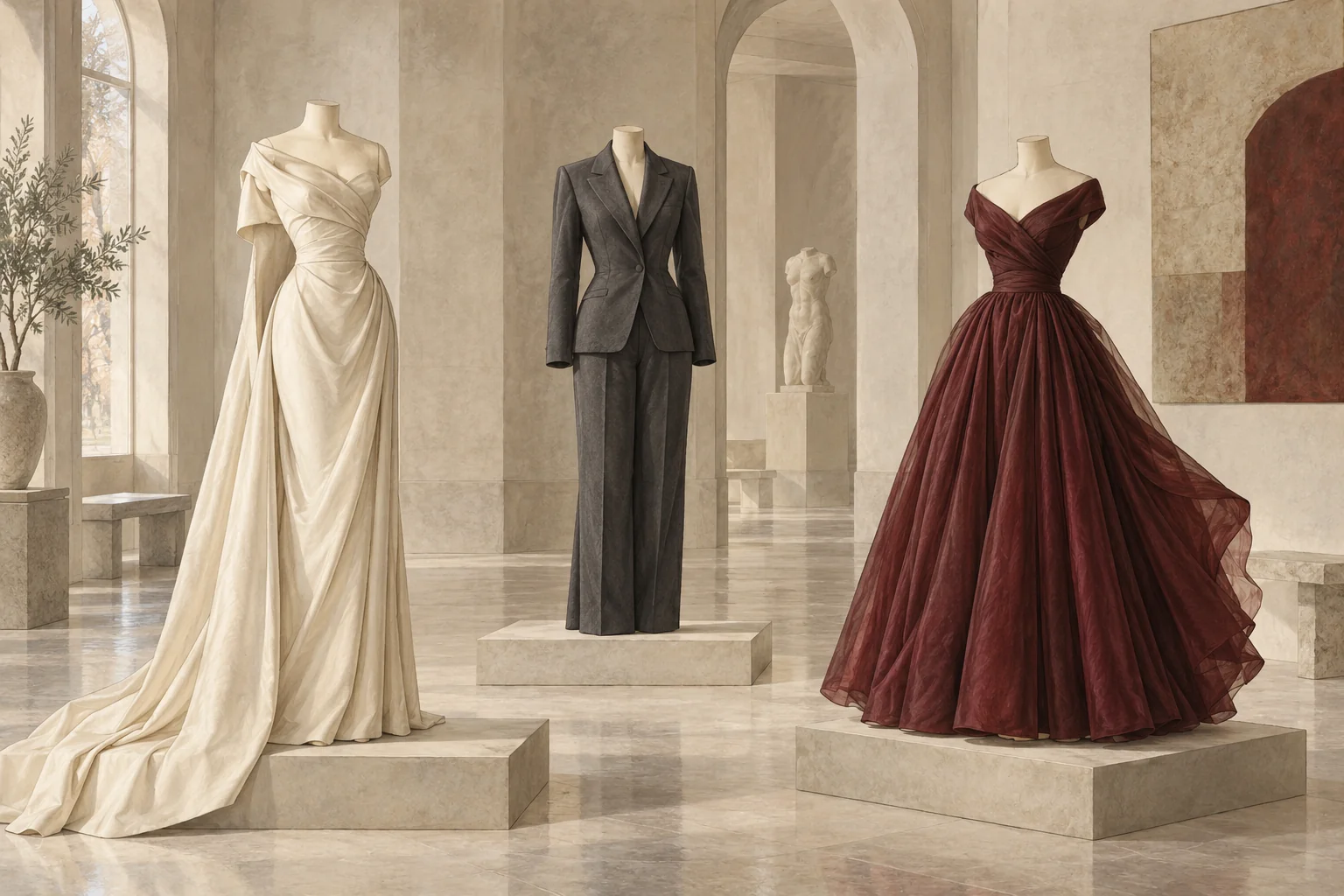 Illustration of an ivory dress, charcoal suit and burgundy gown on mannequins in an imagined museum gallery.