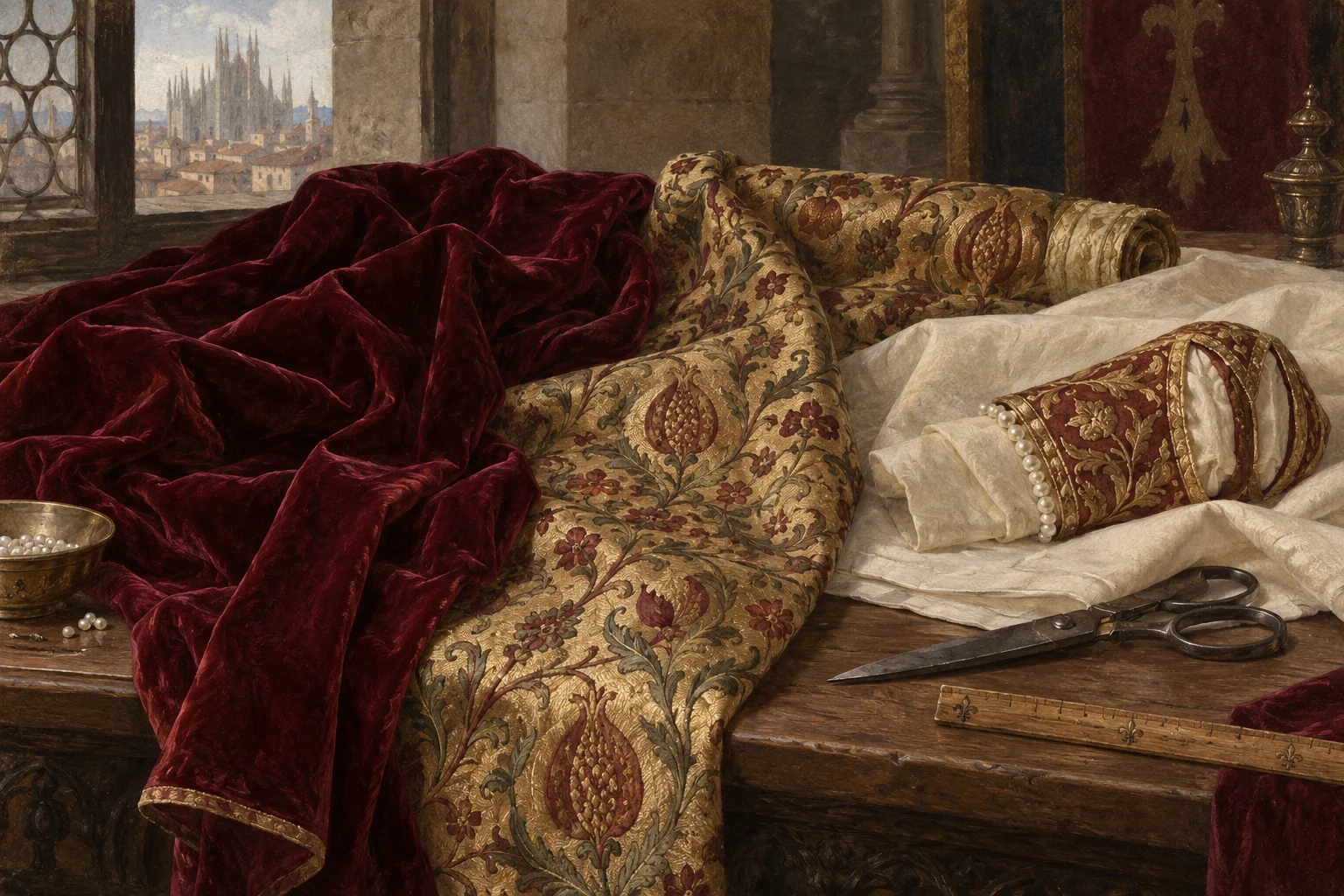 Editorial still life inspired by Renaissance brocade and carefully folded textiles