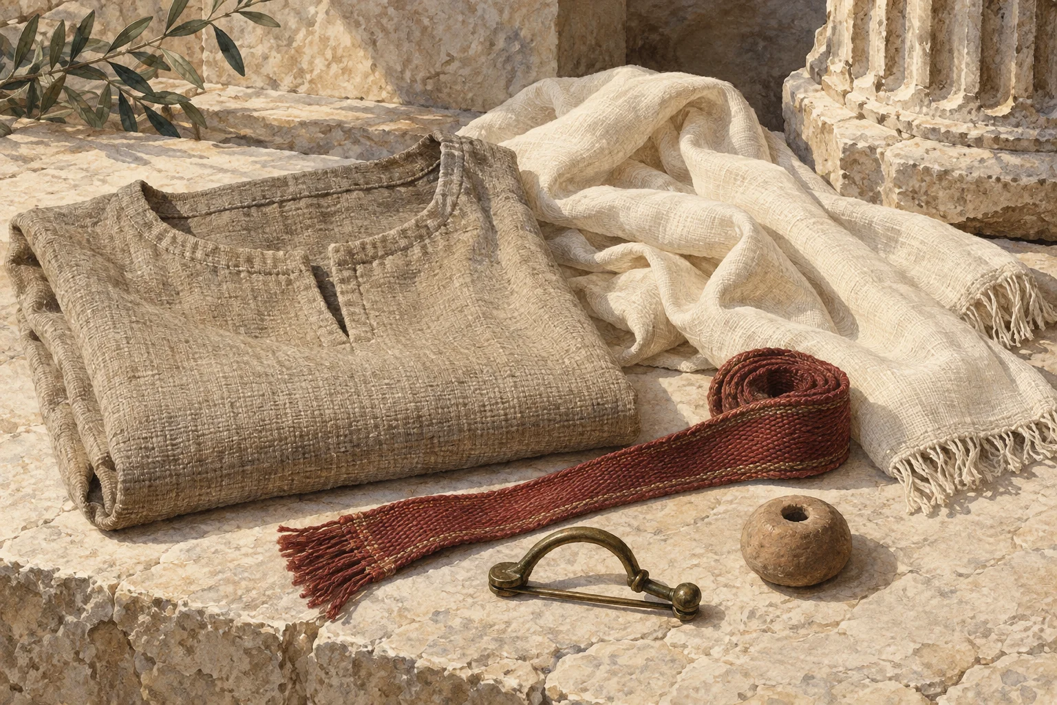 Illustration of a folded wool tunic, linen cloth, woven red band, bronze brooch and spindle whorl on limestone.