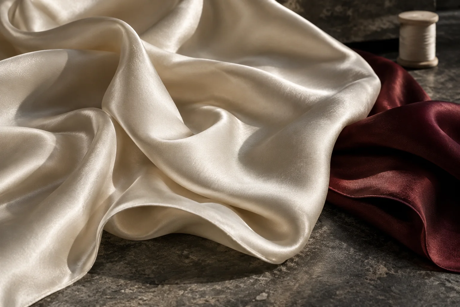 Ivory and burgundy silk draped across dark stone beside a spool of thread.