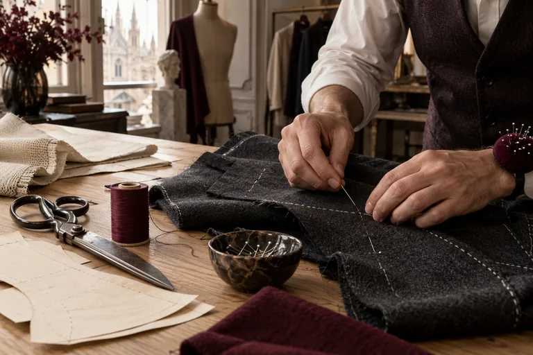 Editorial illustration of a tailor’s hands pinning charcoal wool, with scissors and burgundy thread on a worktable.
