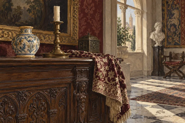 Illustrated still life inspired by Renaissance-revival taste, with carved walnut furniture, patterned textile, ceramic vessel and brass candlestick.