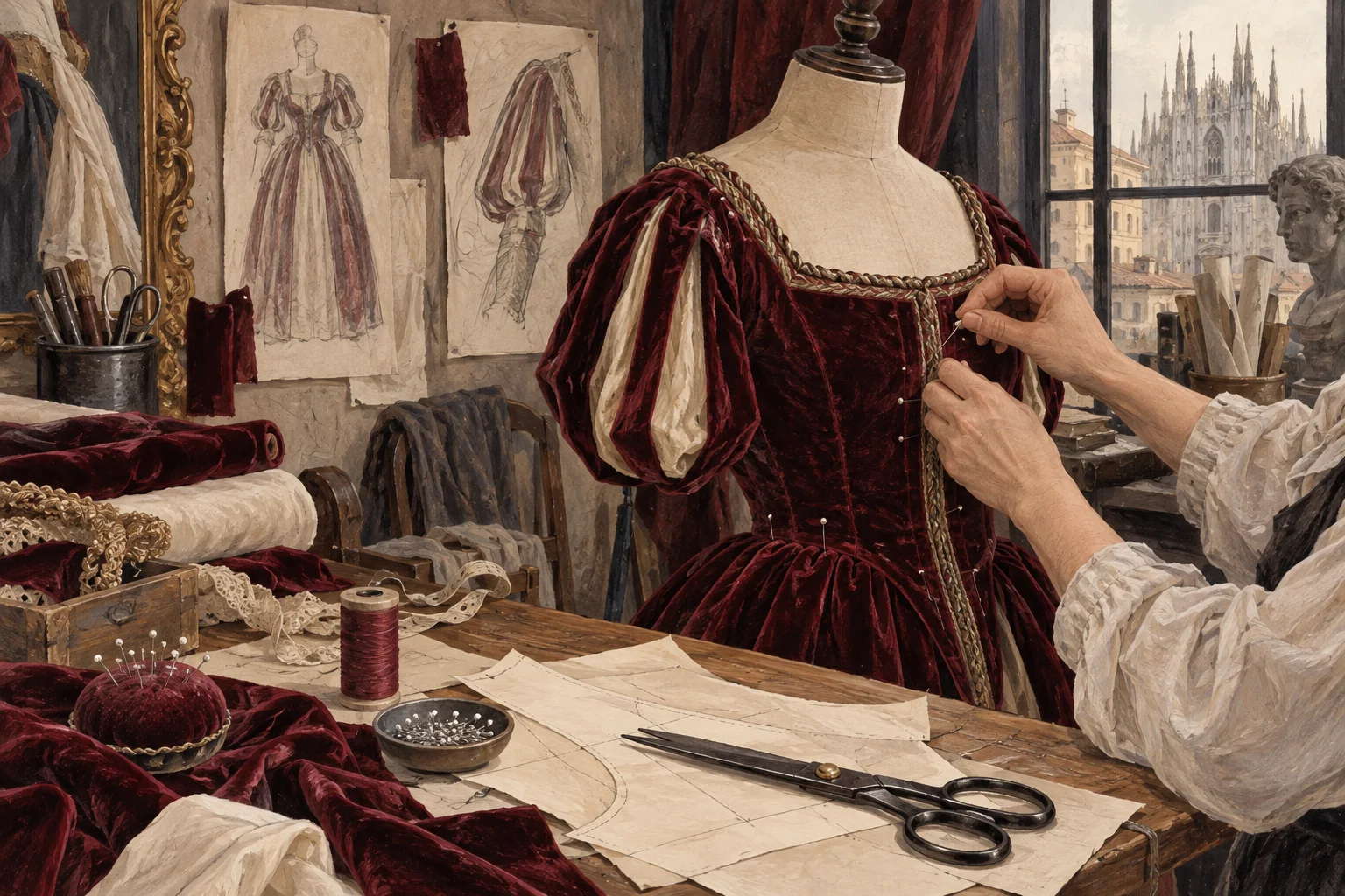Editorial illustration of anonymous hands pinning a burgundy theatre costume in an imagined Milan workroom.