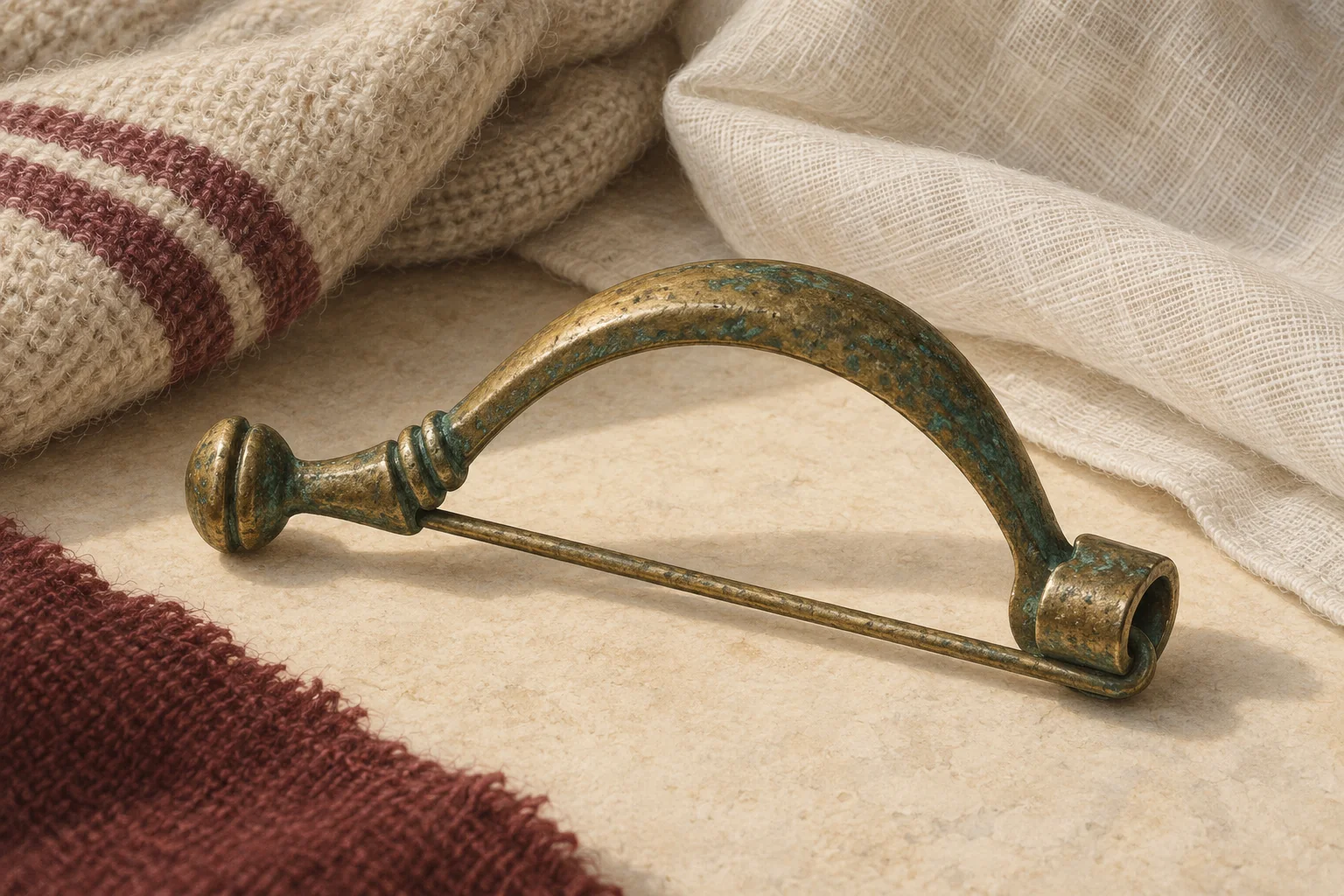Illustration of a generic bronze bow brooch beside folds of wool and linen, showing its curved body and fastening pin.