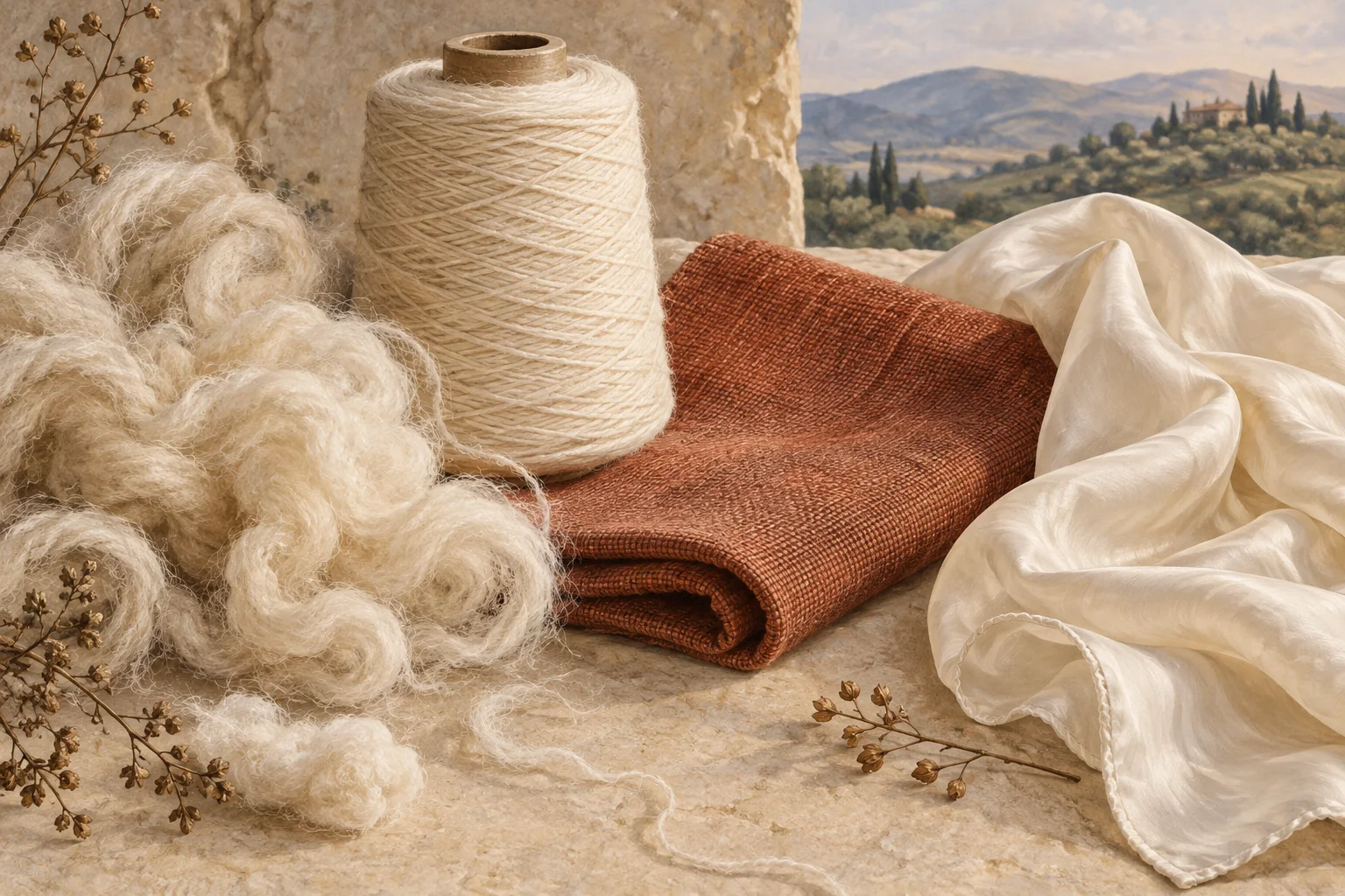Editorial still-life illustration of loose wool fibres, a cream yarn spool, rust-colored woven cloth and an ivory scarf.