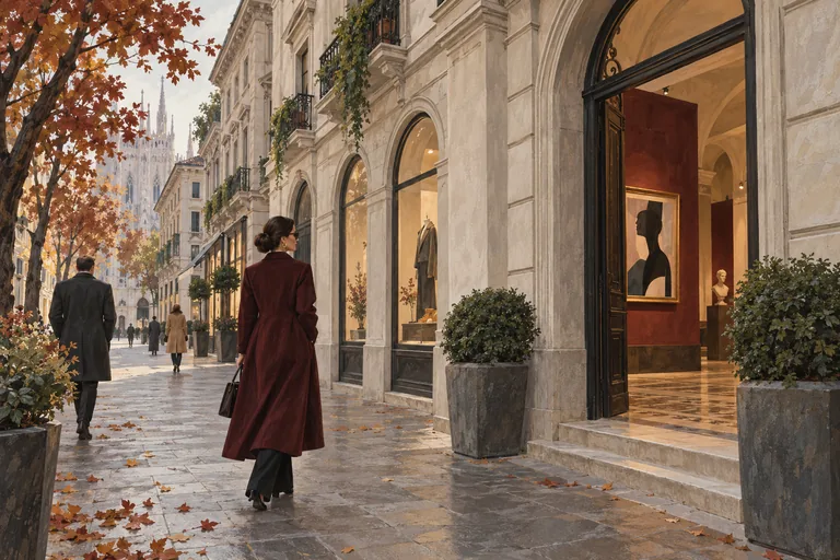 Conceptual illustration of an elegant Milan-inspired street with pale palazzo facades, a museum doorway and autumn leaves.