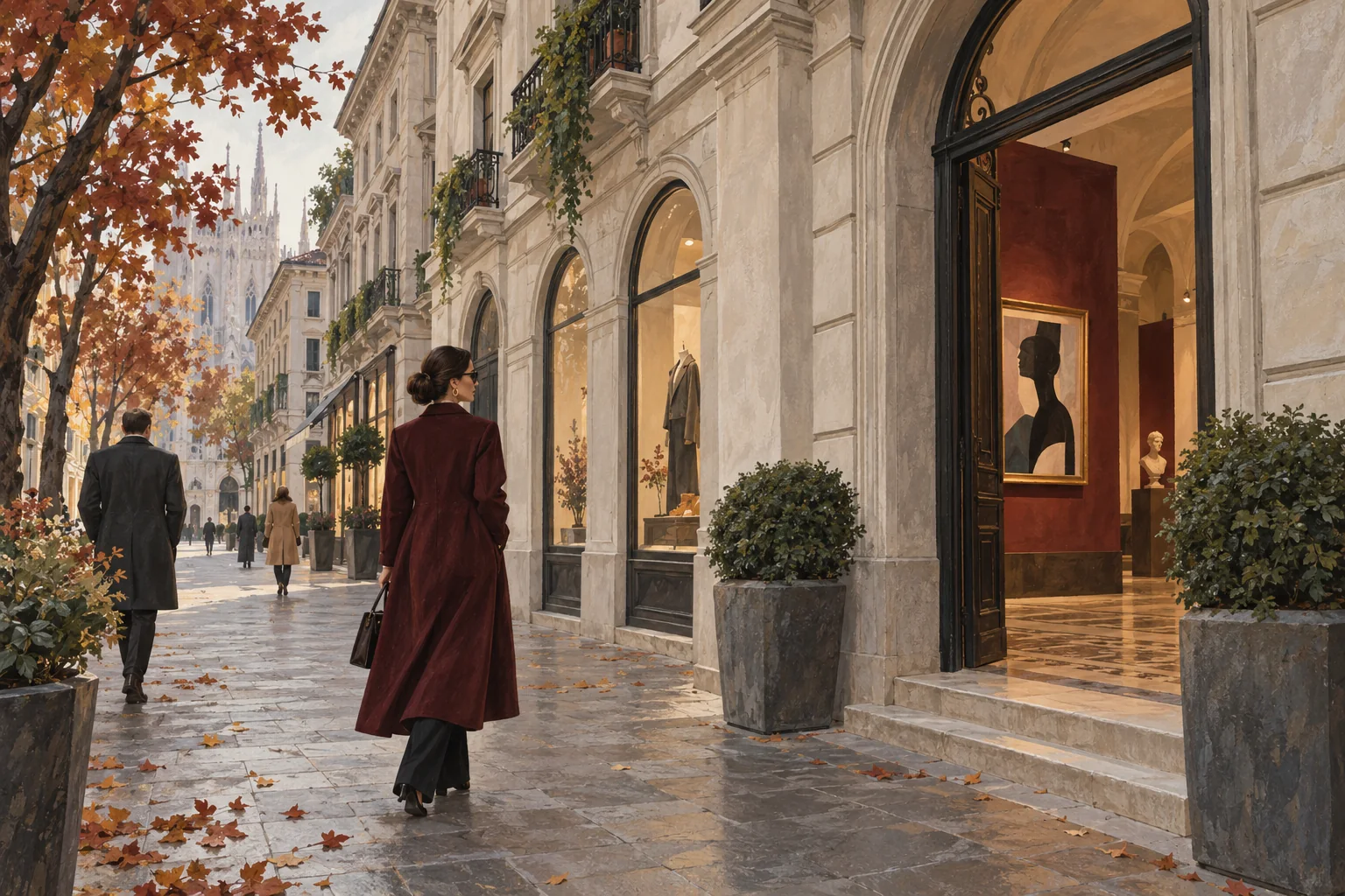 Conceptual illustration of an elegant Milan-inspired street with pale palazzo facades, a museum doorway and autumn leaves.