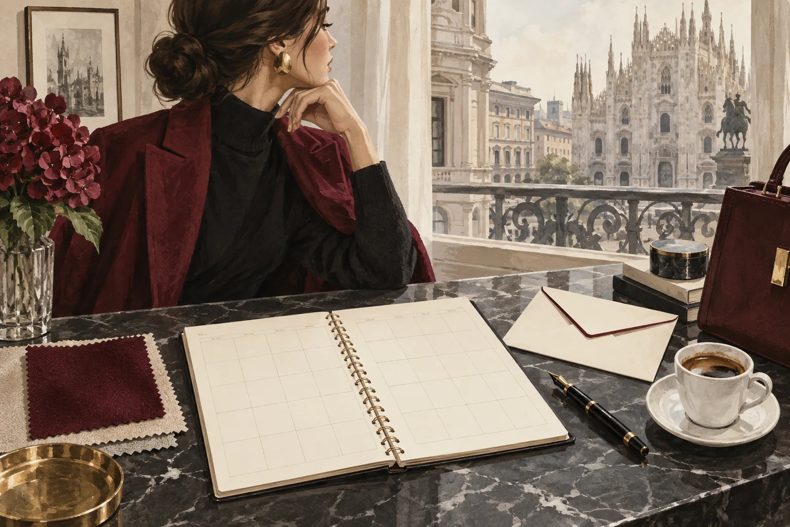 Conceptual illustration of a visitor’s blank planner, envelope, fabric swatches and coffee beside a Milan-inspired window.