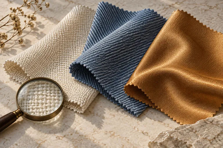 Editorial illustration of cream, blue and amber textile swatches with contrasting textures and sheen beside a magnifier.
