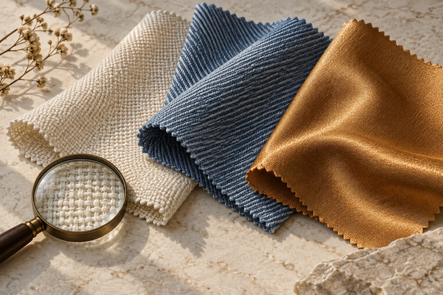 Editorial illustration of cream, blue and amber textile swatches with contrasting textures and sheen beside a magnifier.