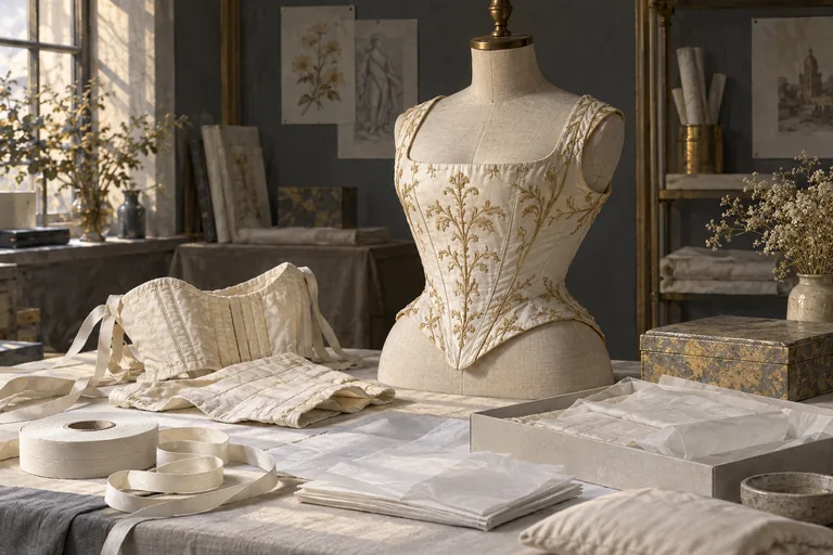 Editorial illustration of a padded linen dress form supporting an invented ivory bodice beside muslin, cotton tape and archival tissue.