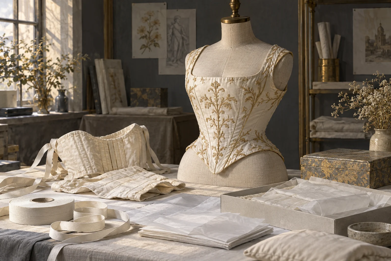 Editorial illustration of a padded linen dress form supporting an invented ivory bodice beside muslin, cotton tape and archival tissue.