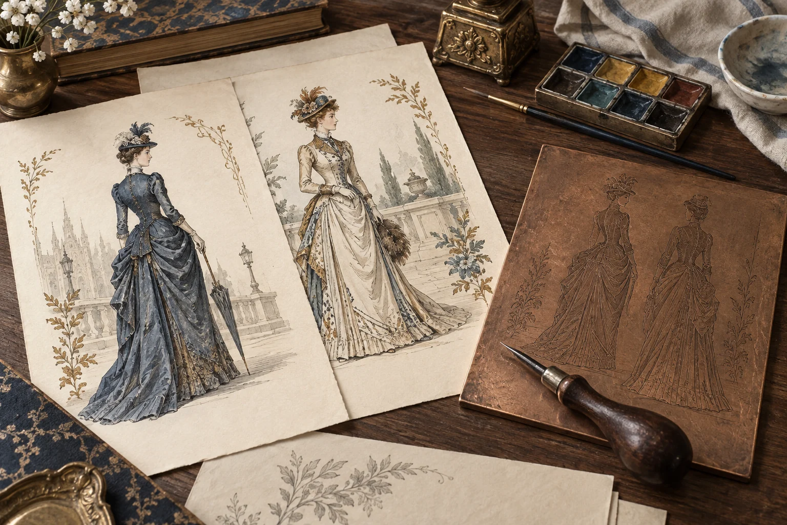 Editorial illustration of invented nineteenth-century fashion plates beside an engraved copper plate, a burin and watercolours on a wooden table.