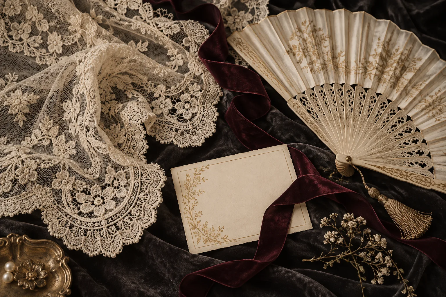 Editorial illustration of delicate ivory lace, an open fan and burgundy ribbon arranged on a dark textile surface.