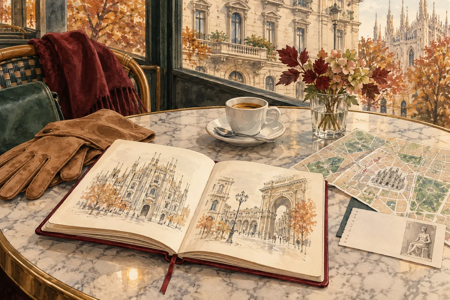 Painterly illustration of a sketchbook, gloves, coffee and an unlettered museum ticket on a Milan café table.