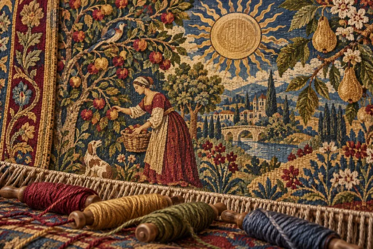 Conceptual woven-textile illustration of an imagined harvest scene with colored weft bobbins, inspired by Renaissance tapestry craft.