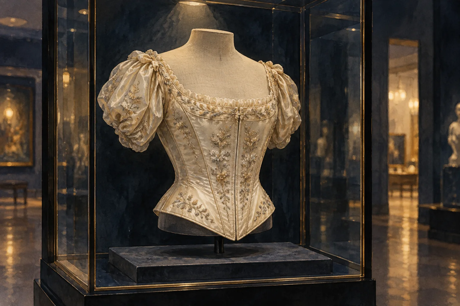 Painterly illustration of an imagined embroidered silk bodice on a support inside a softly lit museum display case.
