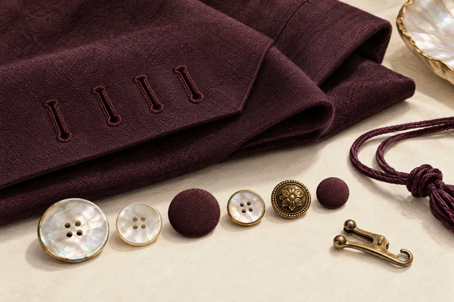 Editorial still life of covered and pearl-toned buttons, buttonholes and a brass fastening on plum-colored fabric.