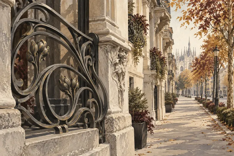 Conceptual architectural study of Milanese stone façades, Liberty ironwork and a distant city skyline, inspired by a Corso Venezia walk.