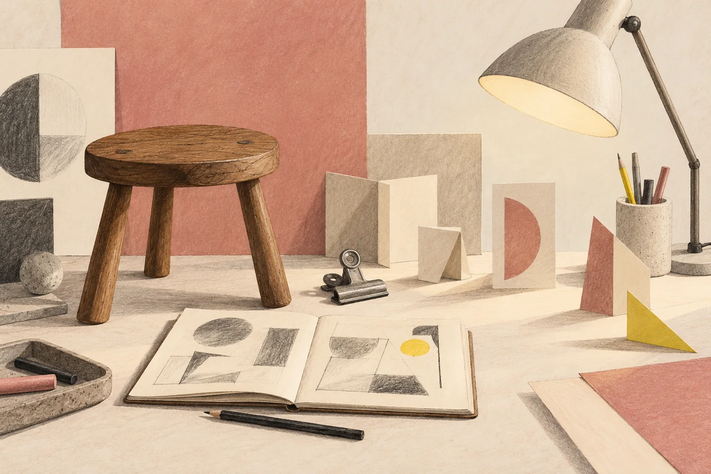 Pencil-and-pastel editorial still life of a stool, clip, plain lamp and folded paper models on an imagined design table, not Castiglioni’s actual studio or products.