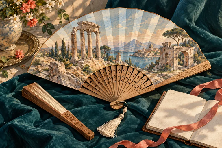 Editorial gouache illustration of an invented folding fan painted with classical ruins, resting on teal fabric beside a closed fan and blank travel notebook; not a museum object.